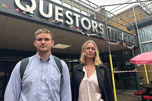Lib Dem Cllrs Adam Keenan and Ksenia Maximova outside Questors Theatre.