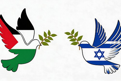 Two doves of peace over the Palestinian and Israeli flags