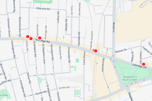 Location of the 12 shops with notices
