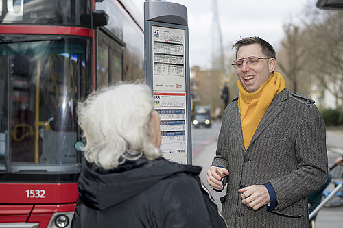 Rob Blackie pictured next to a bus stop 
